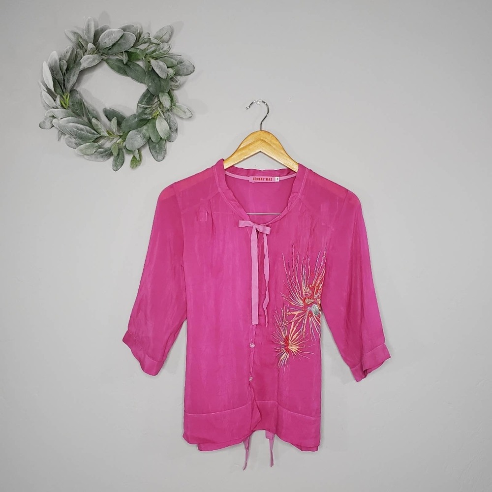 Johnny Was Floral Embroidered Fuschia Pink 3/4 Sleeve Button Down Top